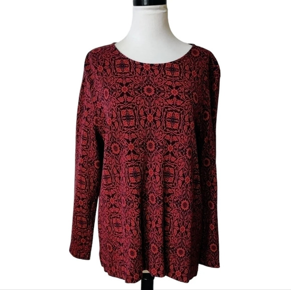 J. JILL Red-Black Floral Medallion Tapestry Cotton Long Sleeve Sweater sz L - Picture 1 of 8